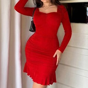 Shein Elegant Red ruched Long Sleeve Dress with ruffle size small 4 new